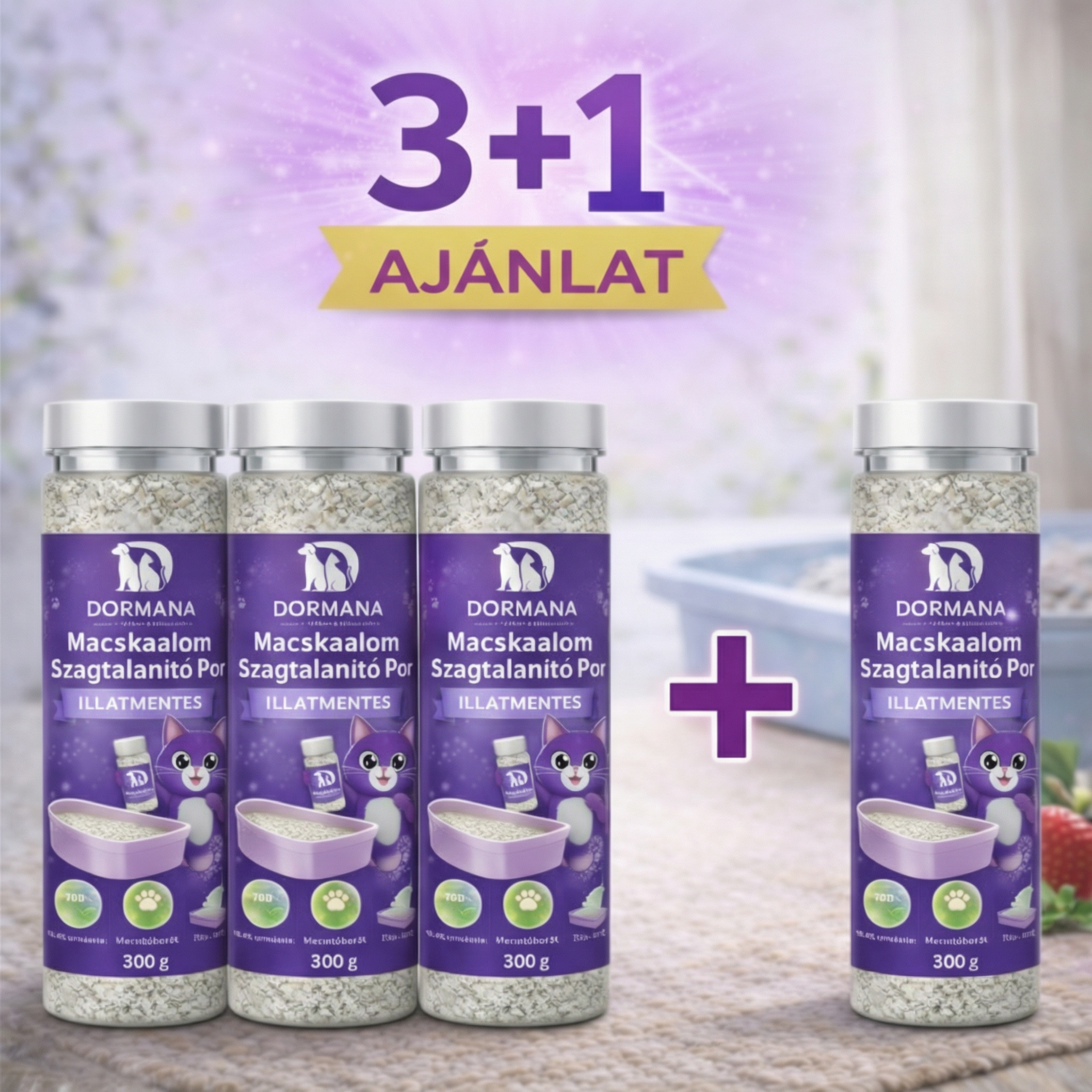 3+1 db Macskaalom Szagtalanító Por - 8 havi kiszerelés